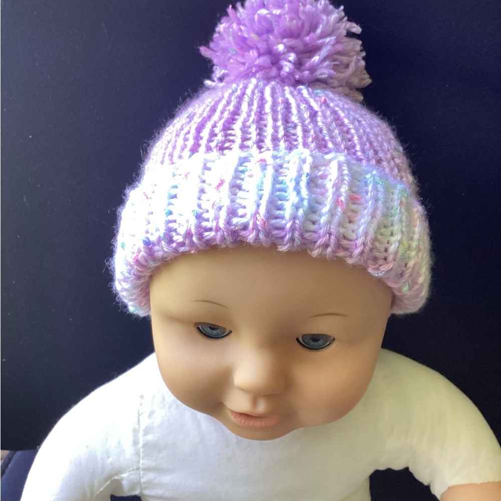 Baby Hat Hand Crafted Purple Knit Pom-Pom Beanie - Picture 8 of 13